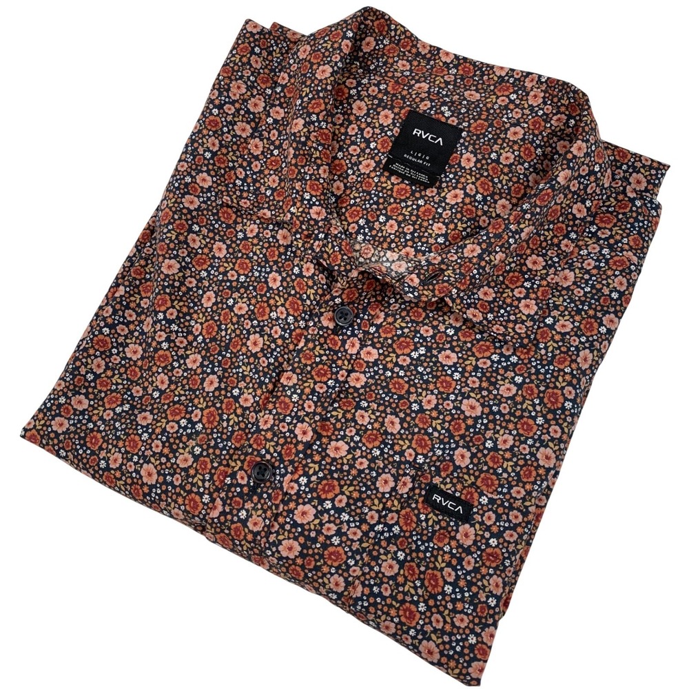 RVCA Mens Floral Button Up Shirt Large Regular Fit Short Sleeve Navy Orange